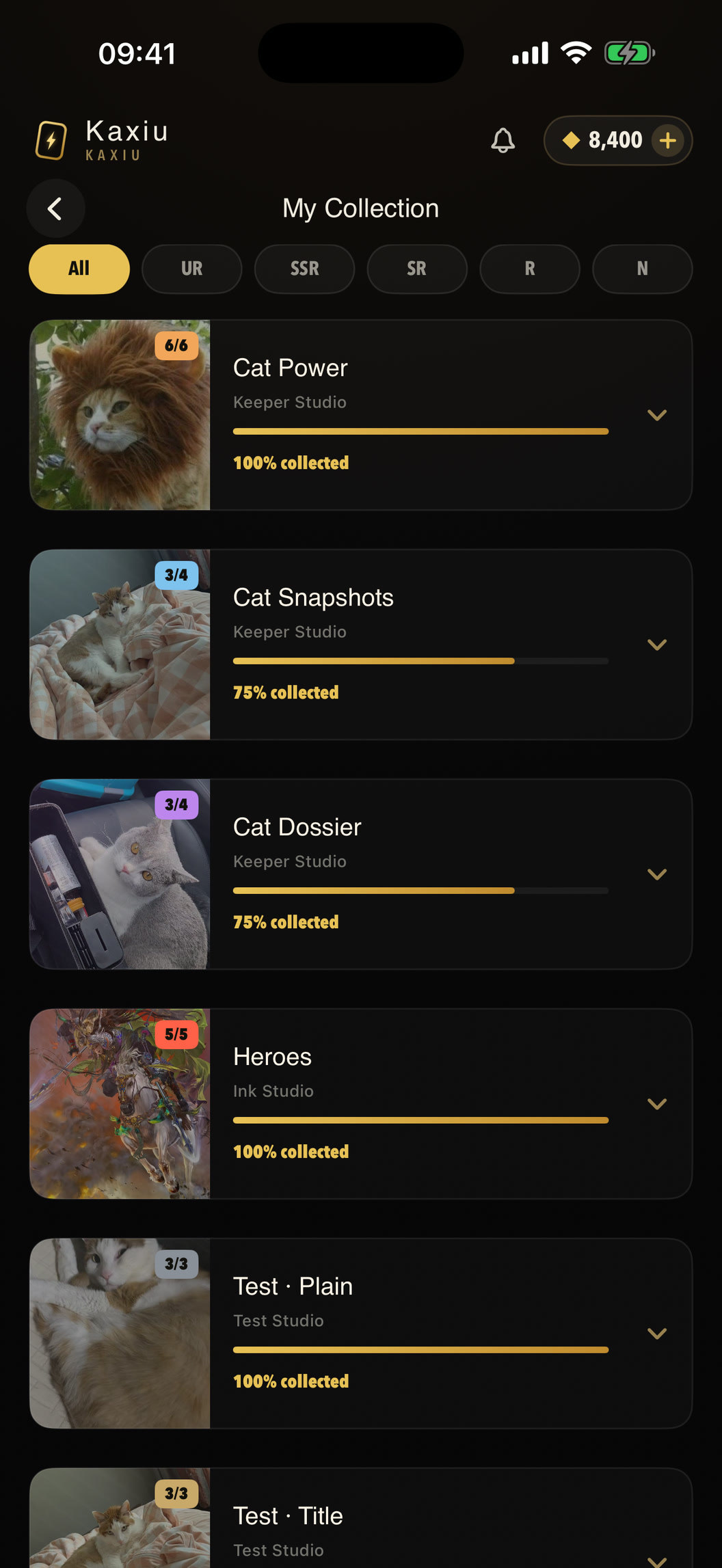 Kaxiu My Collection screen with completed card sets