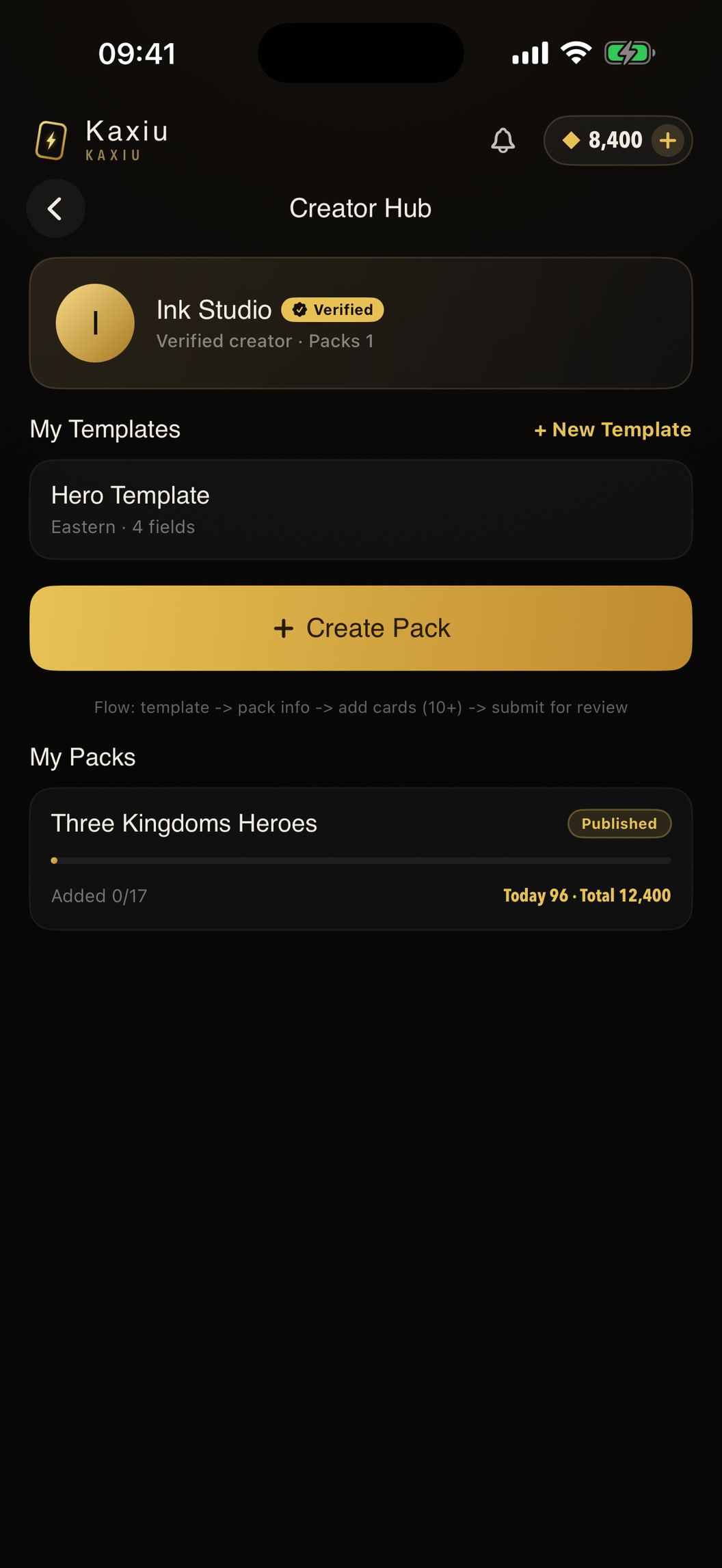 Kaxiu Creator Hub showing templates, packs, and the Create Pack action